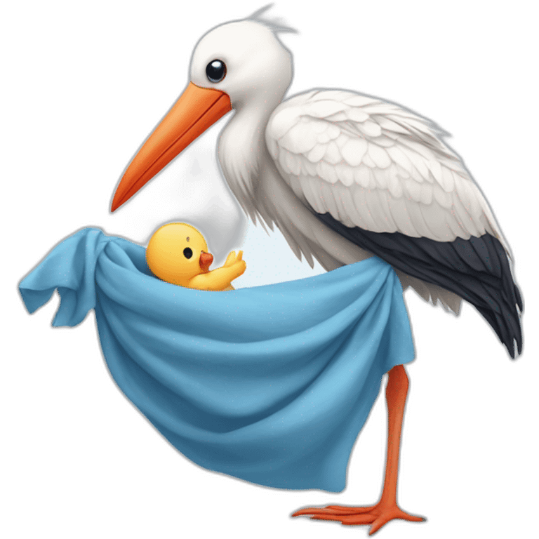 White stork carrying a blue bundle of cloth in its beak that has a human person cute baby human and the human baby head is peeking from the fabric the strok is carrying in its beak emoji