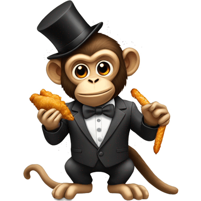 Monkey in a business suit with a top hat eating chicken drumstick emoji