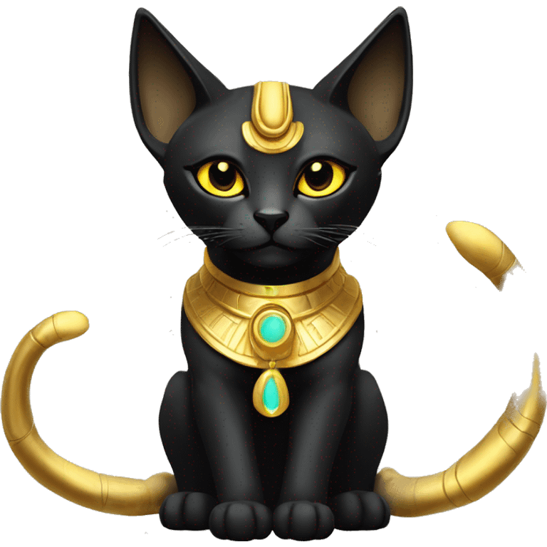 Black godly ethereal majestic Egyptian Cat. Golden Anubis-Rings and yellow ring-markings. Full body emoji