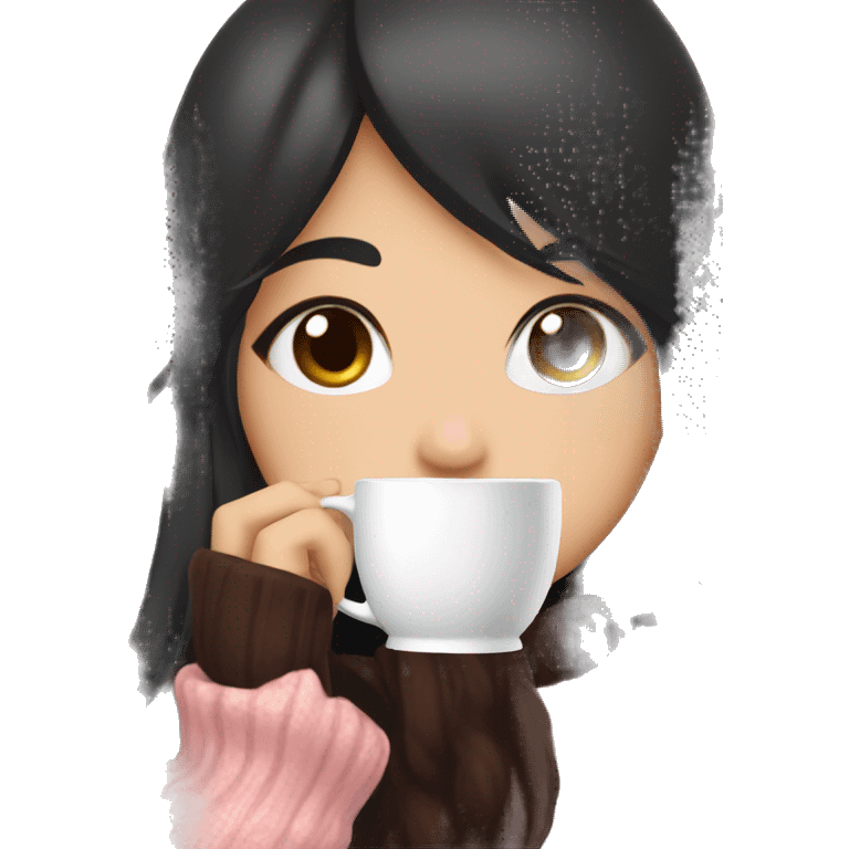 Anime girl with long black hair and brown eyes wearing a pink sweater drinking a cup of hot chocolate  emoji