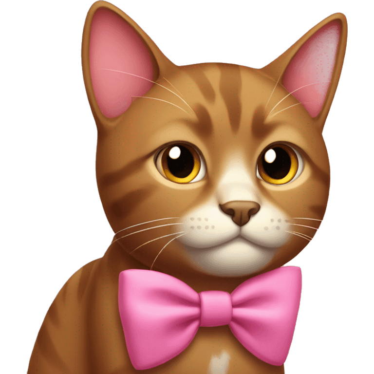 Brown cat with pink bow and a tired face emoji