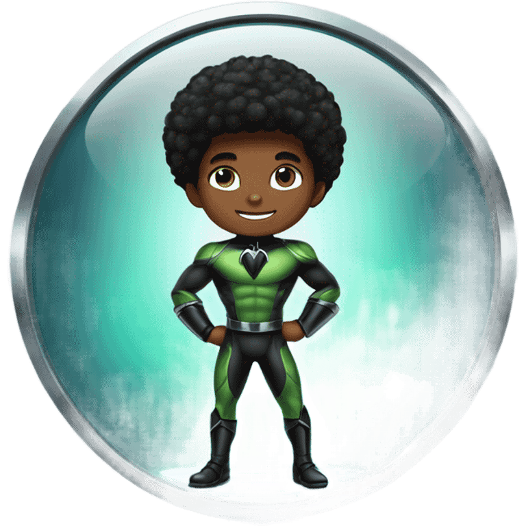 Muscular Afro teenage boy in a green-black panther superhero costume standing on a spaceship. emoji