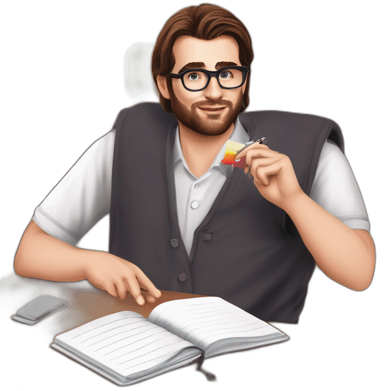 demonstrating his tongue Pale skinned Fit Man With dark brown hair in gray jacket, beige office shirt, Brown pants and vintage glasses sitting In a soft chair with a notebook and a pen emoji