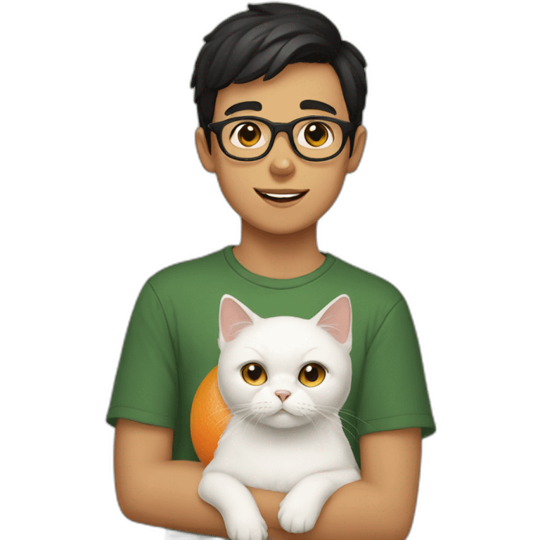 Boy with green eyes, black short hair, white skin, with glasses, holds orange Persian cat emoji