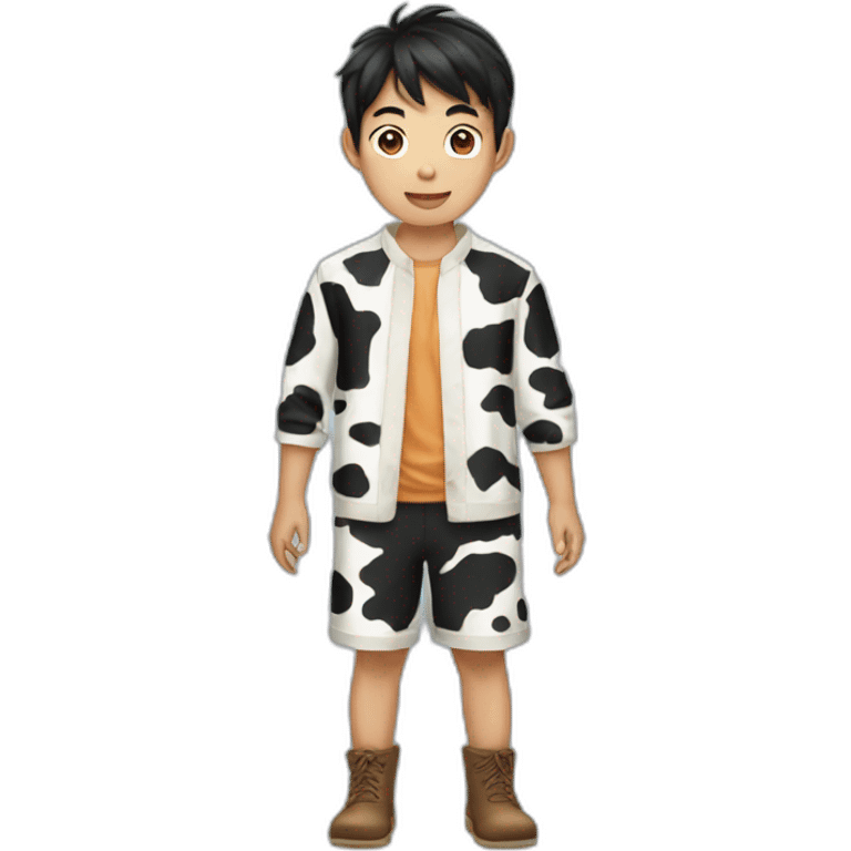 a Asian boy dress like a cow emoji