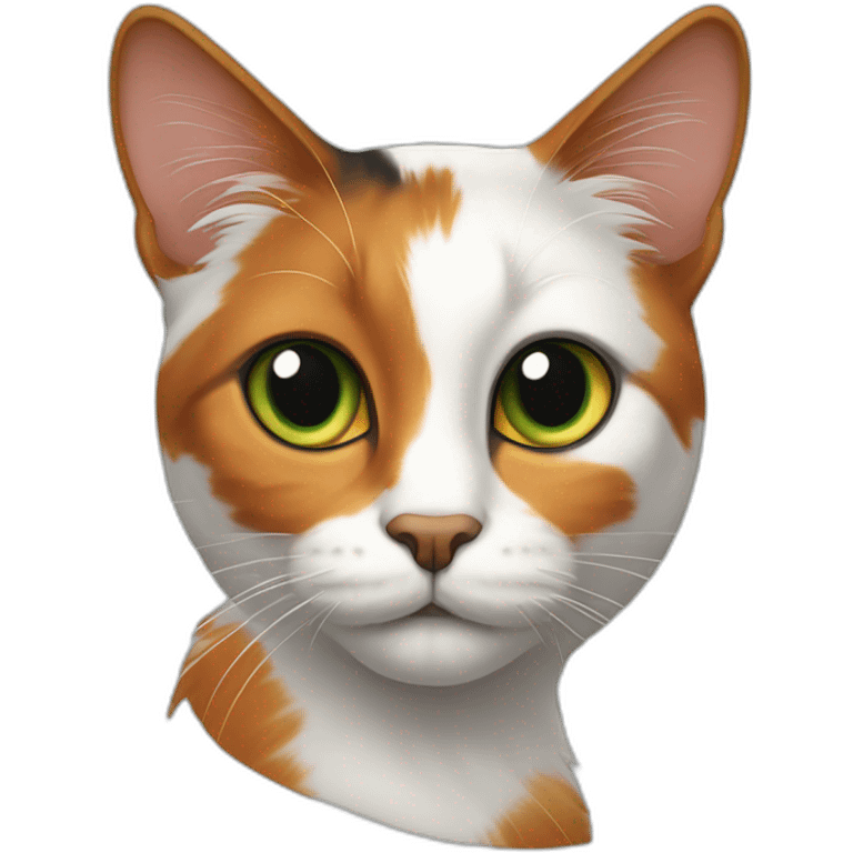 calico cat, green iris, black covering right side forehead and left eye brow, orange right ear emoji