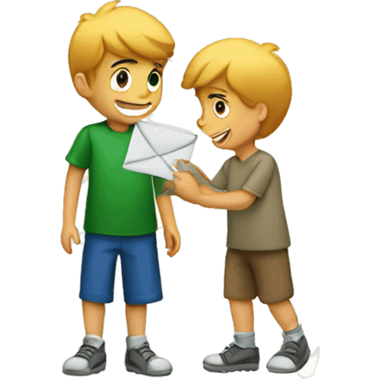 a boy giving his friend a letter emoji