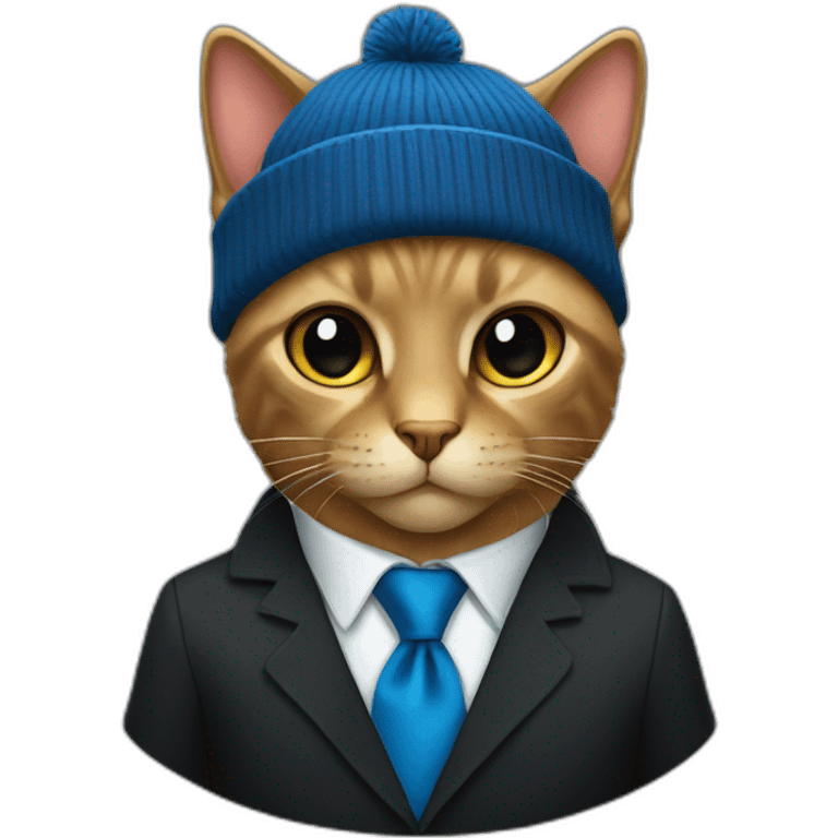 A black cat wearing a blue tie and black beanie  emoji