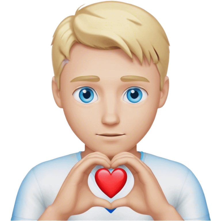 A cinematic realistic blond man with blue eyes shows his heart with his hands emoji