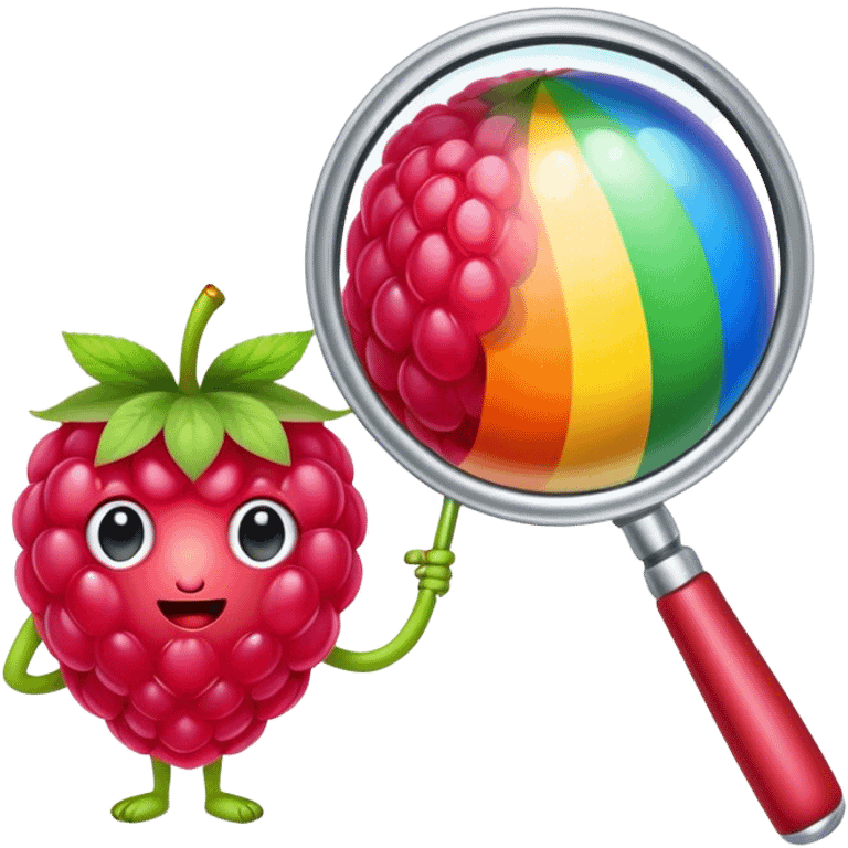 a raspberry holds a rainbow colored magnifier with its budding from handle of magnifier emoji