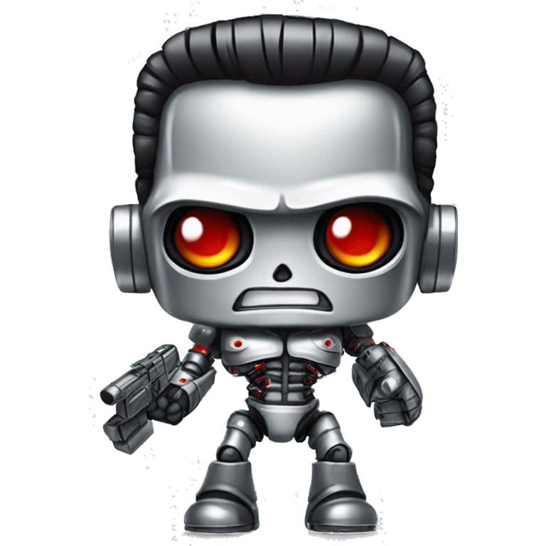 Emoji of a Terminator T-800, looking straight, cute 2d animation, red eyes, made of metal, white background,  emoji