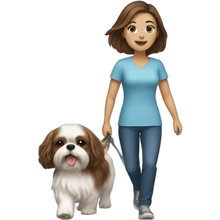 A brown-haired woman walking a Shih Tzu dog. emoji