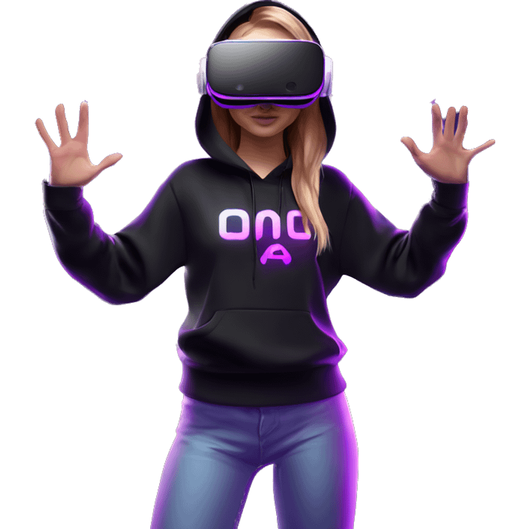 Russian girl wearing black hoody with violet letters "OMG", in vr headset oculus quest2. Standing like jedi. Cyberpunk style. Violet neon. emoji