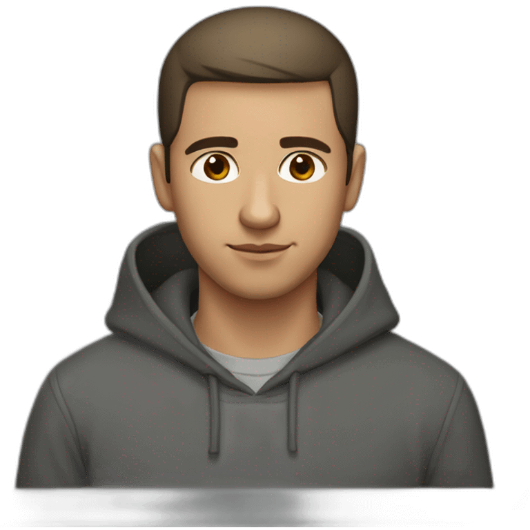 A Russian guy with a short haircut like a drake, brown eyes and a dark gray hoodie emoji