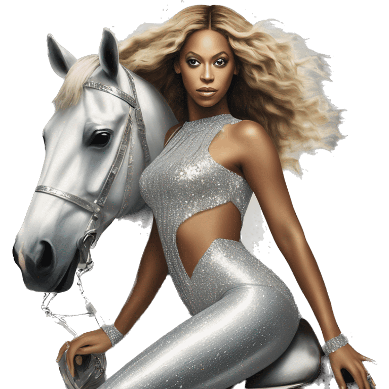 beyonce wearing silver crystal leotard sitting on silver horse renaissance album cover emoji