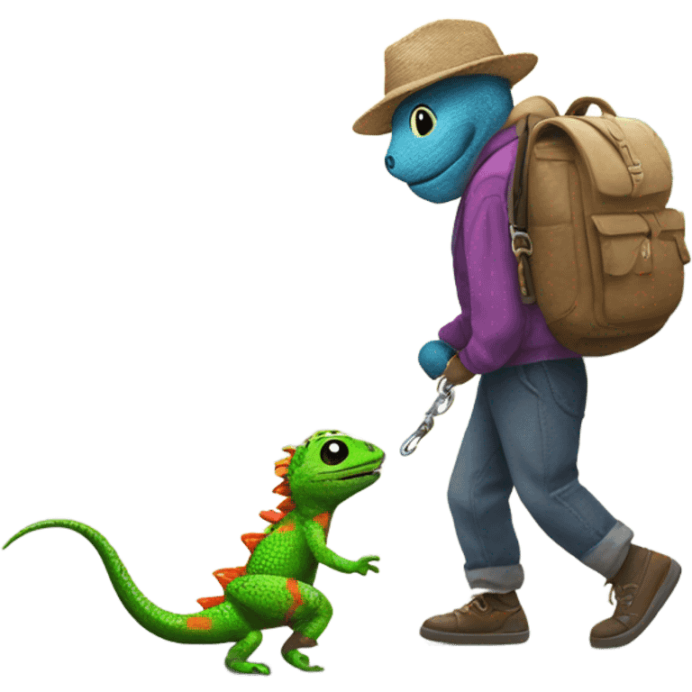 Lizard walking a man on a leash emoji