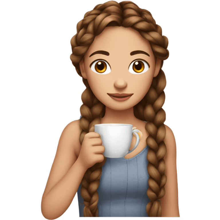 Girl sipping tea with long and brown and soft hair and Her hair is braided. emoji