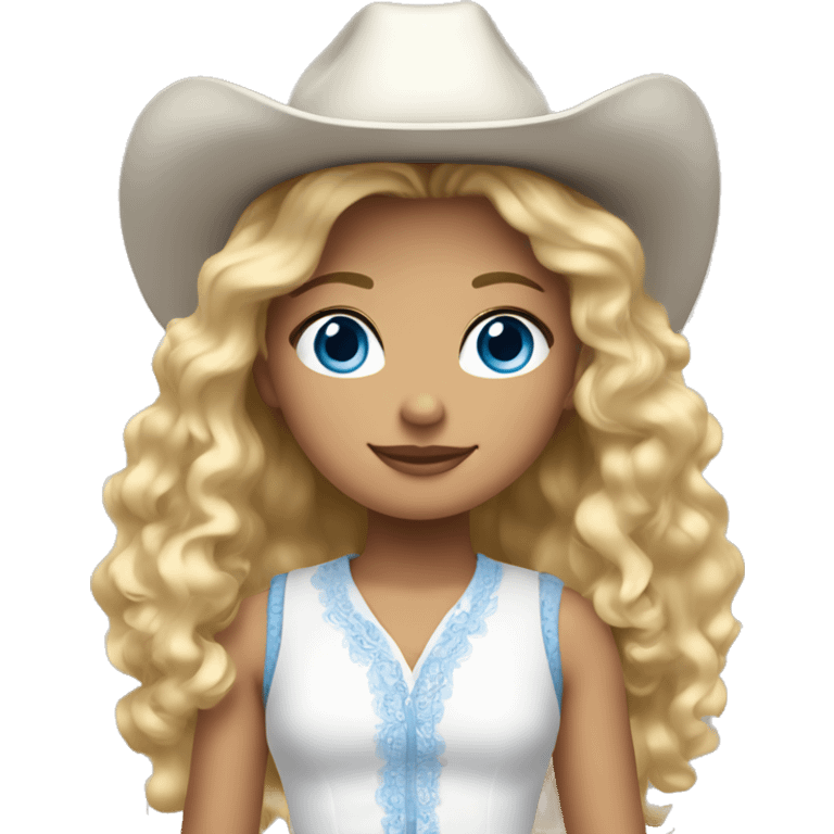 Young girl with curly blonde hair, blue eyes, dressed in white dress and cowboy boots emoji