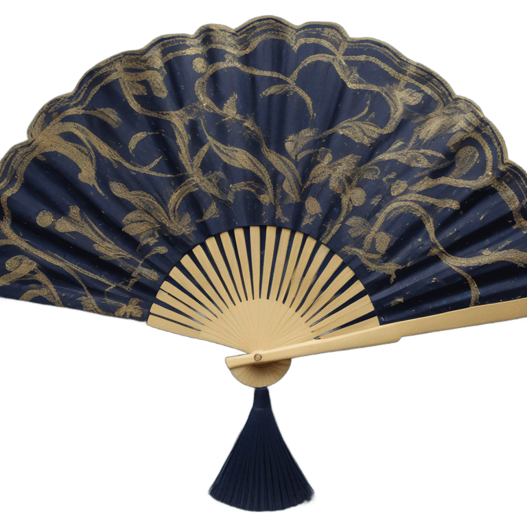 detailed and elegant navy blue hand fan with several gold accents and swirls, single fan emoji