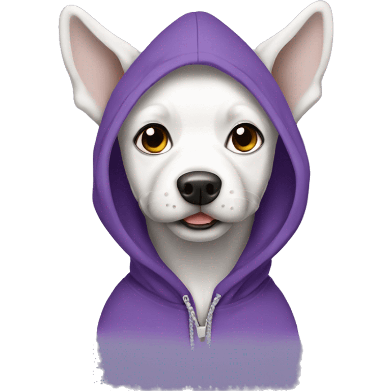 White and grey dog wearing a purple hoodie emoji