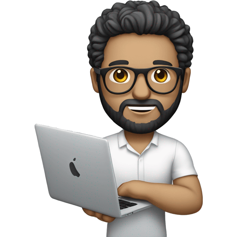 Emoji man with beard holding macbook in hands wearing versace glasses and shirt, profession - graphic designer. Features: white skin, full body type, dark hair, earring in left ear, dark white skin emoji