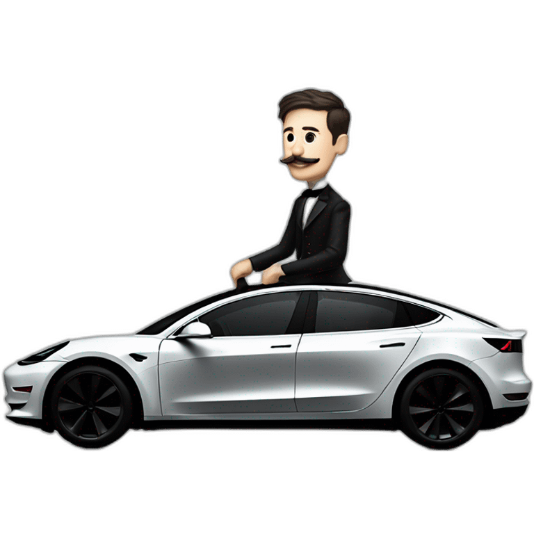 Nikola Tesla riding a black Tesla Model 3, side view emoji