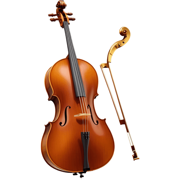 Create an elegant and refined emoji representing the Cremona cello with a Hans Klein HKCB bow. The design should feature the curved wooden body of the cello with a rich, glossy finish, capturing its classical shape and intricate details. The bow should be displayed with fine craftsmanship, highlighting the hair and the smooth, polished wooden stick. Include subtle musical notes floating around the instrument to emphasize its rich, melodic sound. Use deep wood tones like chestnut brown, gold accents for the fittings, and soft lighting effects to give the instrument a timeless, professional feel. The background should be transparent. emoji