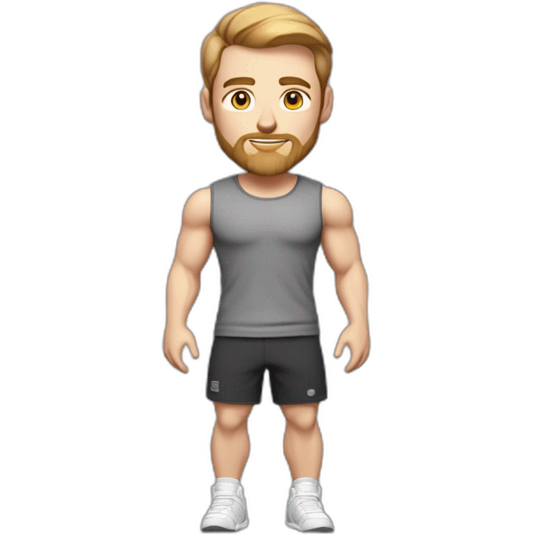 Full height Pale skinned muscular man With Realistic eyes and mouth, light brown hair and stubble In dark gray sleeveless mike, black oversize sports shorts, watch and white sneakers. emoji