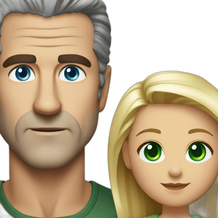 Mel gibson with blue eyes with a short blond straight square cut woman with green eyes emoji