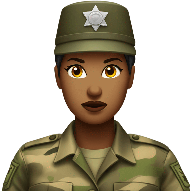 a female drill sergeant showing full torso wearing a classic sergeant hat and a camouflage army shirt. The character should have an angry intense expression.  emoji