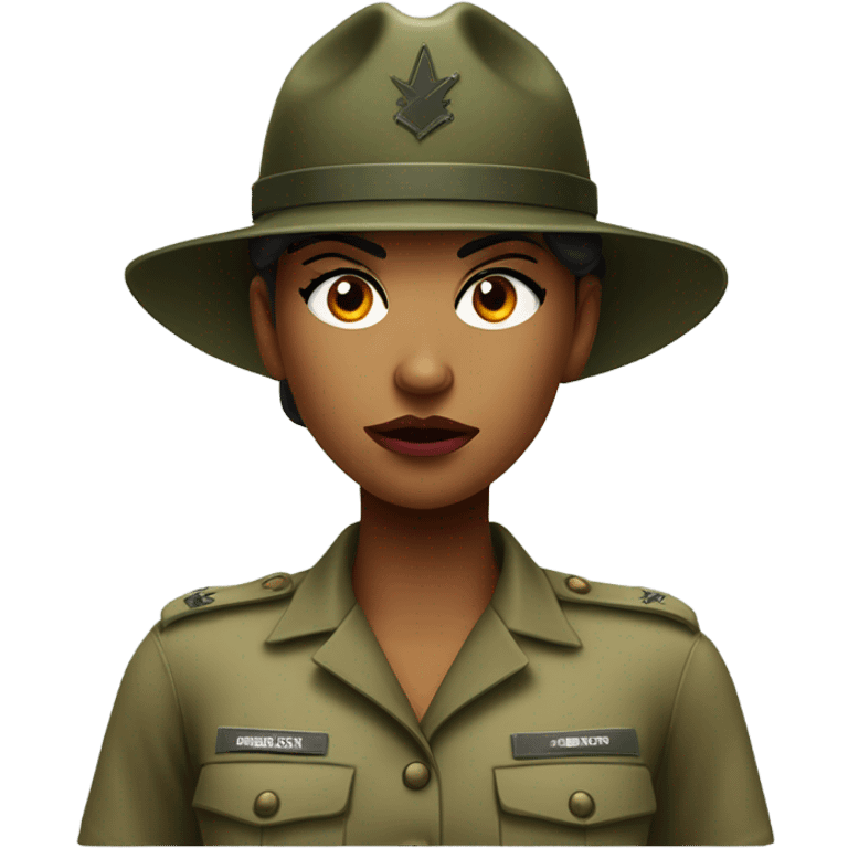 a female drill sergeant showing full torso wearing a classic sergeant hat and a camouflage army shirt. The character should have an angry intense expression.  emoji