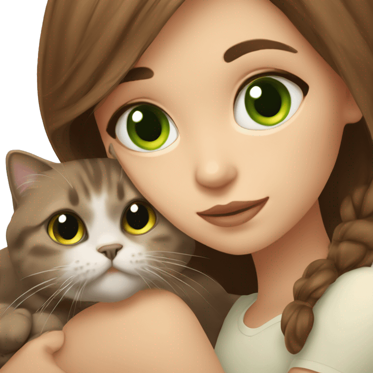 Beautiful girl with brown hair and brown eyes hug Scottish fold cat with green eyes  emoji