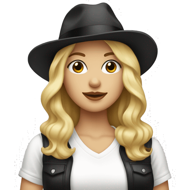 blonde white woman wearing an oversized glittery white tshirt + black fedora emoji