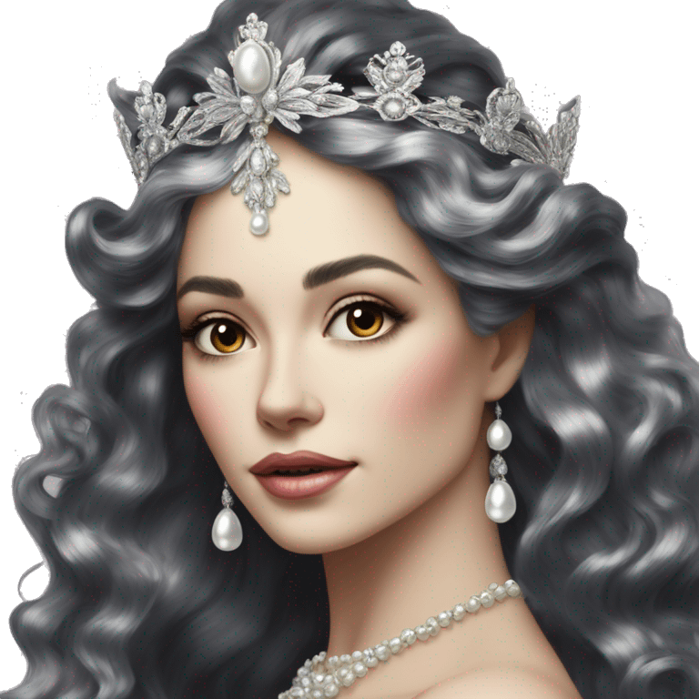 Regal pretty woman photograph defined cheekbones high cheekbones crown vintage with very long iridescent black and silver hair wavy long hair pearl crown iridescent emoji