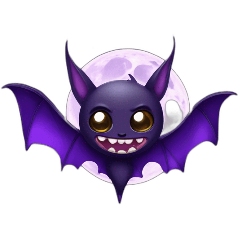 purple and black evil face vampire bat anime sparkle eyes wings flying in front of large dripping crescent moon emoji