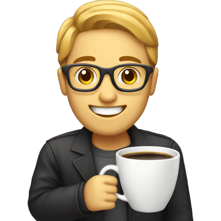 a happy coder with a cup of coffee emoji