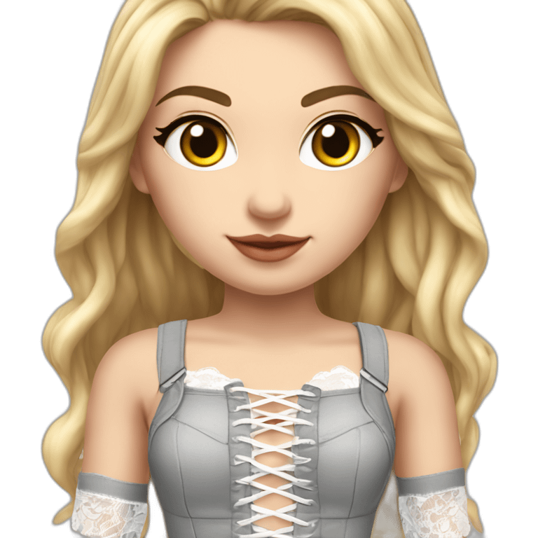 hyperrealistic caucasian blonde female, long straight hair, white lace-up crop bustier, grey tight mini skirt, full view emoji