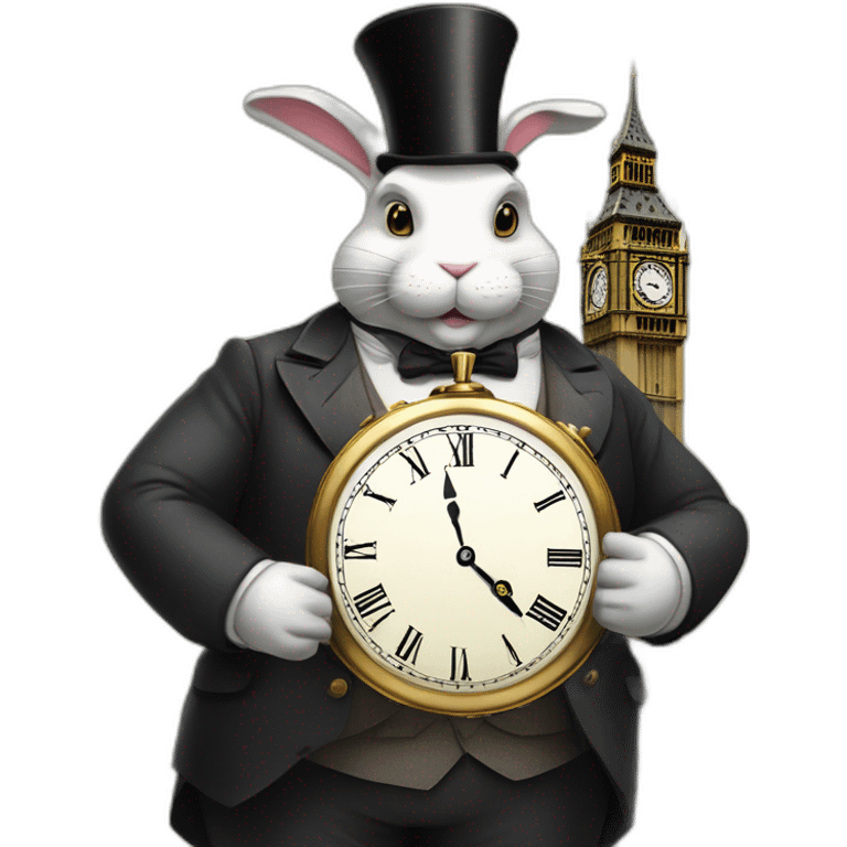 A giant full-length Victorian anthropomorphic fat rabbit holds a watch in his hands, making himself an important gentleman; Big Ben in the background; animated illustration emoji