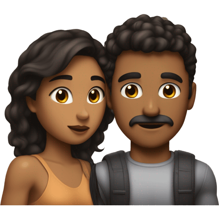 girl with slightly tan skin and dark hair kissing a buff muscular boy with really dan skin a pencil mustache and dark hair emoji