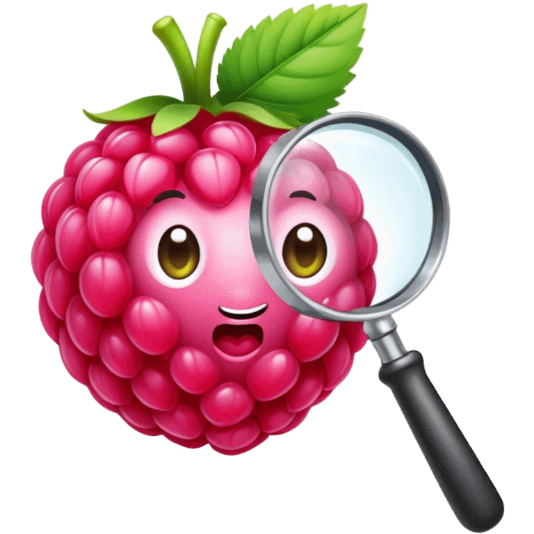 A single pink raspberry holding a magnifier remove face emoji