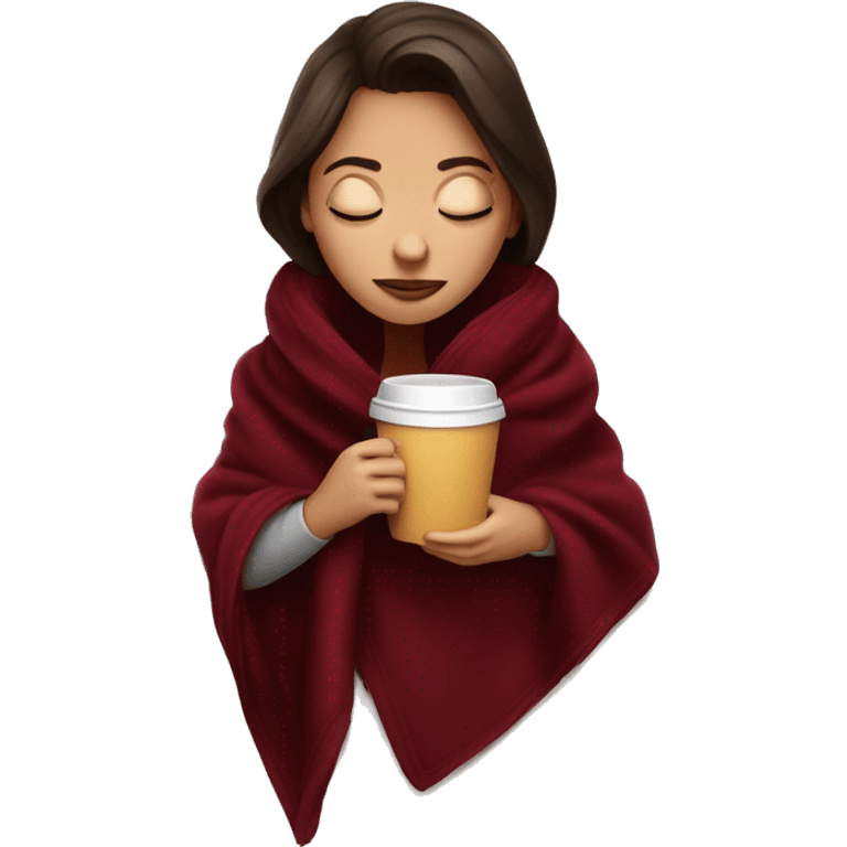 Brunette girl inside a maroon blanket sipping coffee eyes closed emoji