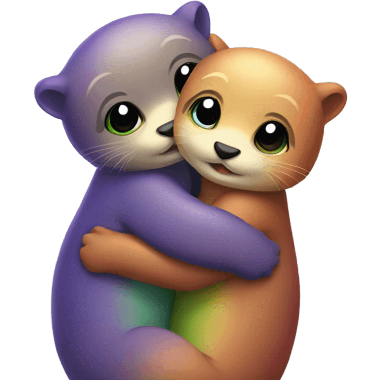 Cute Rainbow otters hugging emoji