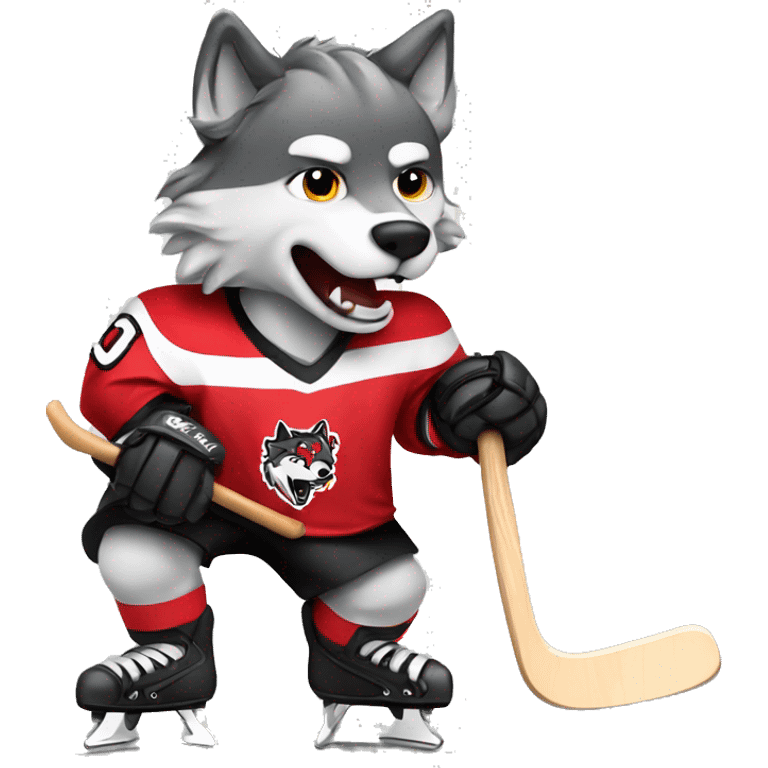 A wolf in a red black and white hockey uniform with a wolf emblem is playing hockey emoji