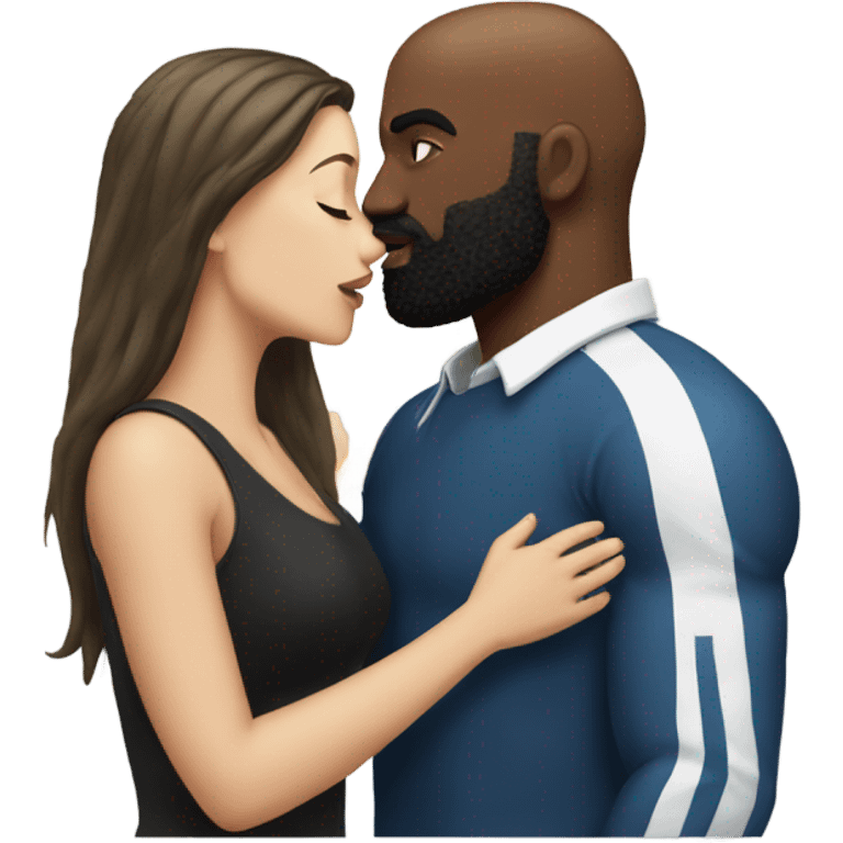 White brunette kissing muscular black bald man with beard emoji