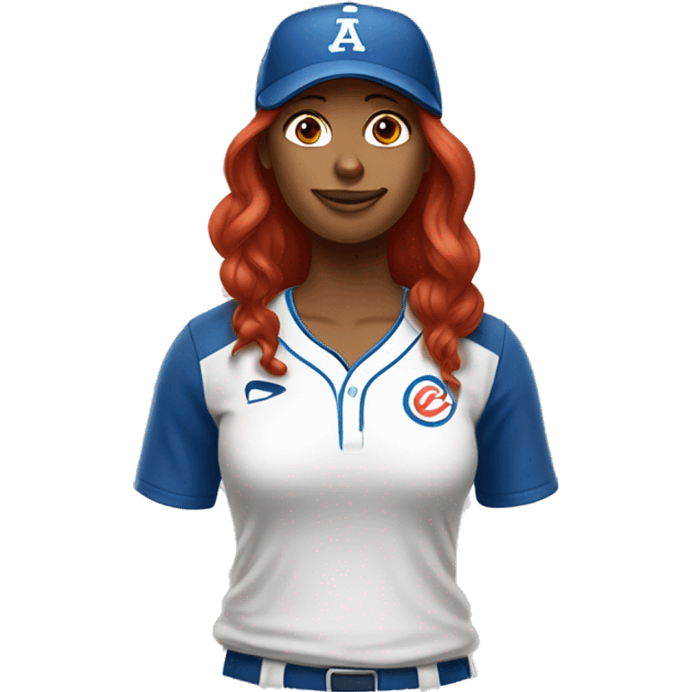 front facing standing up female coach with long red hair, wearing a white t-shirt and a simple baseball blue hat emoji