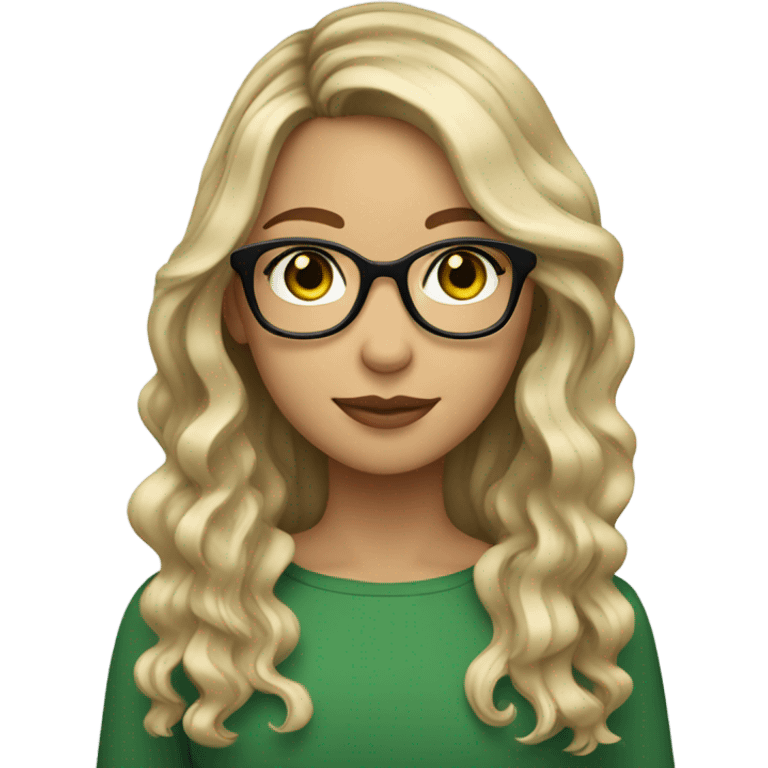 Girl with Longbob wavy dark Brown Hair and blond highlights in front of the hair and she wears glasses and has green eyes emoji