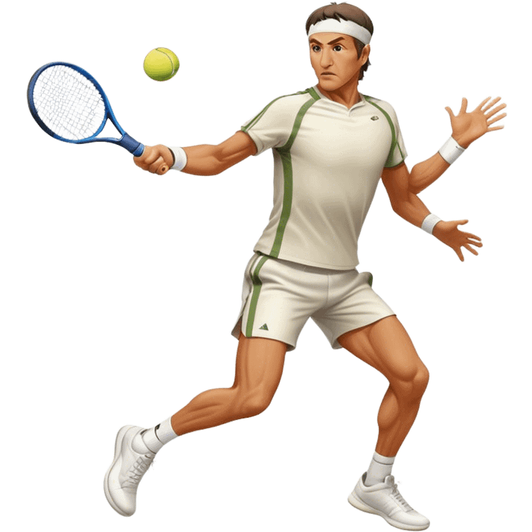 Cinematic Realistic portrait of Goran Ivanišević, depicted as an iconic tennis player in dynamic motion with detailed athletic gear and intense focus, illuminated by bold stadium lighting that accentuates his competitive spirit. emoji