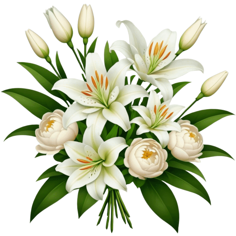 bouquet of flowers white lilies, peonies and bush roses emoji