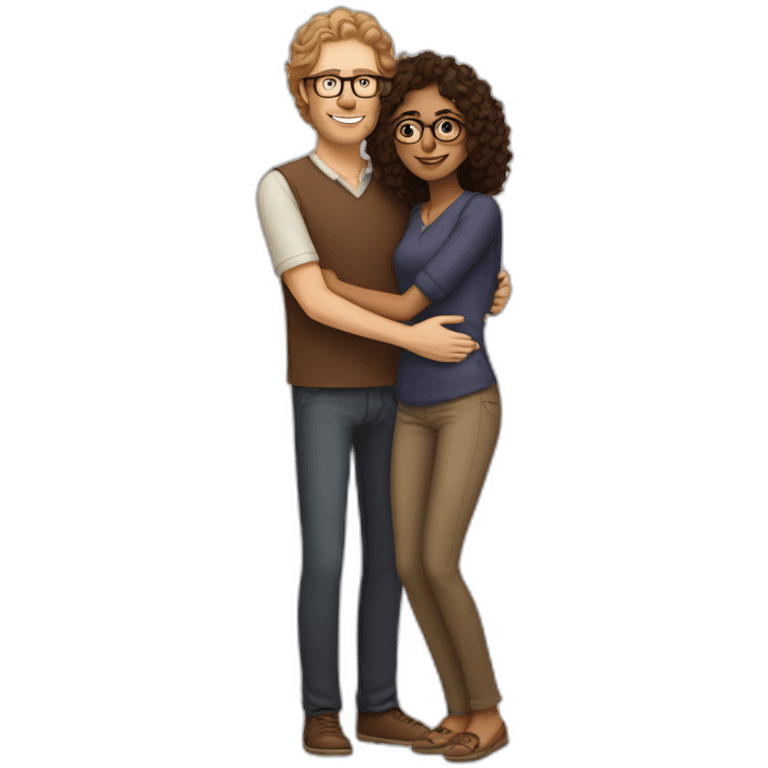 Tall white man with brown hair and glasses hugging an Indian woman with curly hair emoji