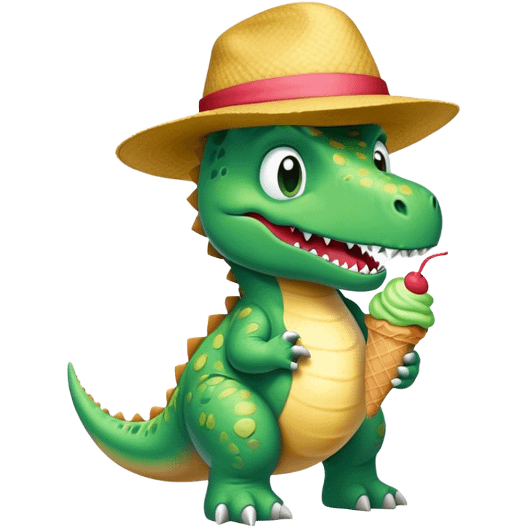 Dinosaur wearing a hat eating an ice cream  emoji